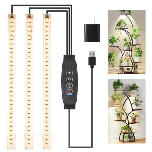 Image of 10.2'' 3 Head Grow Light Strips, LED Grow Lamps for Indoor Plants, Full Spectrum 3000K, Plant Light with 3 /9 /12H Timer, 10 Dimmable Levels for Seedling Succulent, Match for Plant Shelf