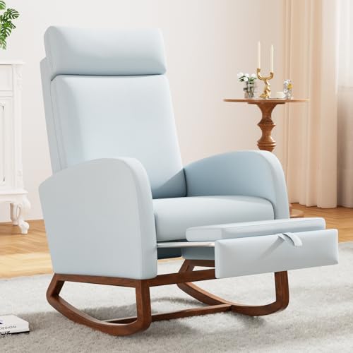 Image of Rocking Chair Nursery High Back Rest Glider Rocker with Footrest Nursing Rocking Chairs Upholstered Accent Arm Chair for Living Room Bedroom Indoor, Light Blue