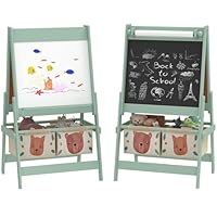 AIYAPLAY Art Easel for Kids with Paper Roll, 3 in 1 Double-Sided Kids Easel for Children, Drawing Board with Blackboard and Whiteboard, Storage Baskets, Green