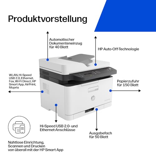 HP Color Laser MFP 179fwg Multifunktions-Farblaserdrucker, Drucken, Kopieren, Scannen, Faxen, Automatische Dokumentenzuführung, Wi-Fi, Ethernet, USB, Smart App