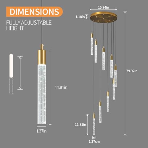 Image of 9-Light Modern Living Room Chandelier Gold Brass Finish Crystal Ceiling Pendant Lights LED Dimmable 54W 6000K Staircase Large Chandeliers for Entryway Lobby Foyer High Ceiling Chandeliers