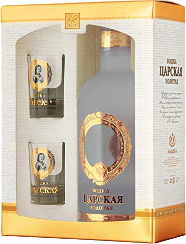 Ladoga Zarskaya Gold Vodka 0,7L 40% vol. Gift Box mit 2 Shot Gläser Cover