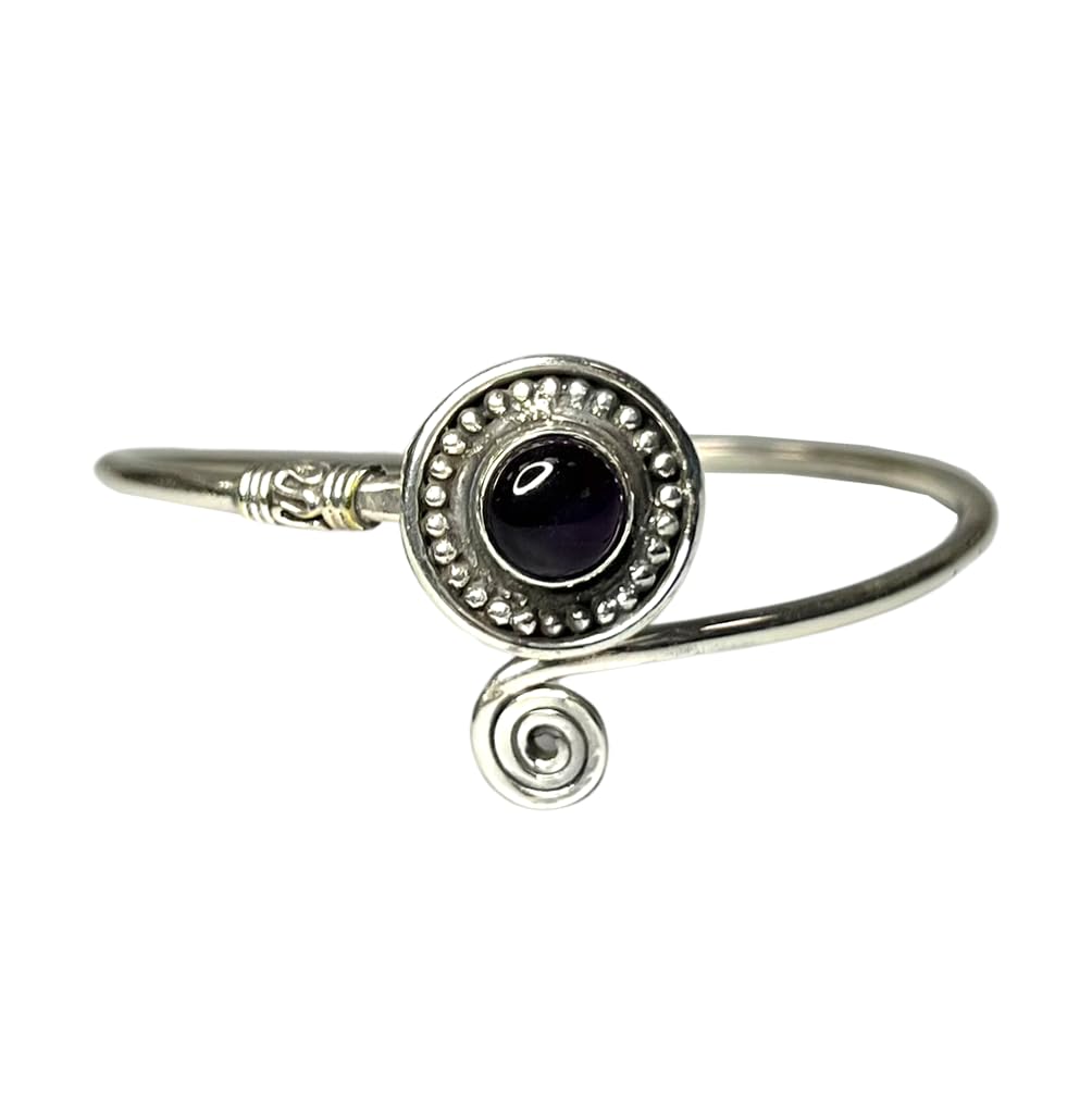 VIE Silver Plated Adjustable Boho Spiral Cuff Bangle, Black Agate