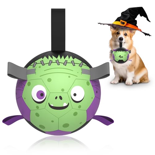 QDAN Halloween Dog Toys Soccer Ball: Premium Dog Soccer Balls with Straps- Outdoor Herding Balls Toys for Small Medium Dogs- Puppy Pet Birthday Gifts- 6 Inch Purple Green