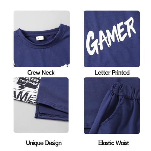 Image of OLMRJKD Boys 2 Piece Outfits Short Sleeve Colorblock T-shirt and Shorts Summer Casual Clothes for 6-12 Years