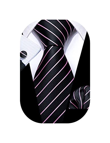 Image of Barry.Wang Man Stripe Ties Set Silk Woven Pocket Square Necktie Cufflinks Formal Party Business