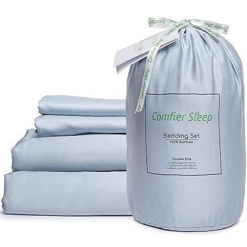 Comfier Sleep 100% Bamboo Bedding Set Double Size 100% Organic Including Bamboo Fitted Sheet 135x190cm Bamboo Pillow Cases 48x74 cm and Duvet Cover 200x200 cm Ultra Soft Grey Bedding