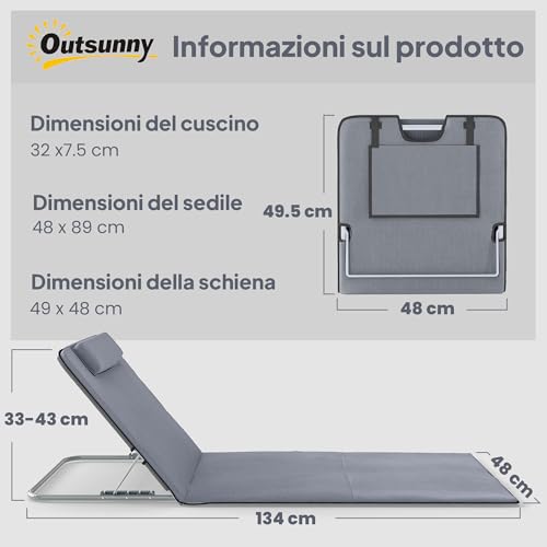 Outsunny Set 2 Sdraio da Spiaggia con Schienale Regolabile su 5 Livelli, Poggiatesta e Borsa da Viaggio, Lettini Spiaggia Pieghevoli in Acciaio e PE, 134x48x33-43 cm, Grigio - 7