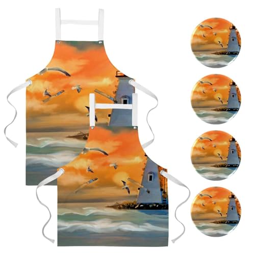 Tablier de cuisine multicolore motif phare de mouette avec ses 4 broches