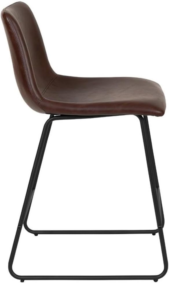 Pemberly Row 24 in Leather Upholstered Counter Stools, Dark Brown Finish, Set of 2, Mid-Back Bucket Seat with Footrest, Tubular Sled Base, Adjustable Floor Glides, Kitchen Island or Bar Seating