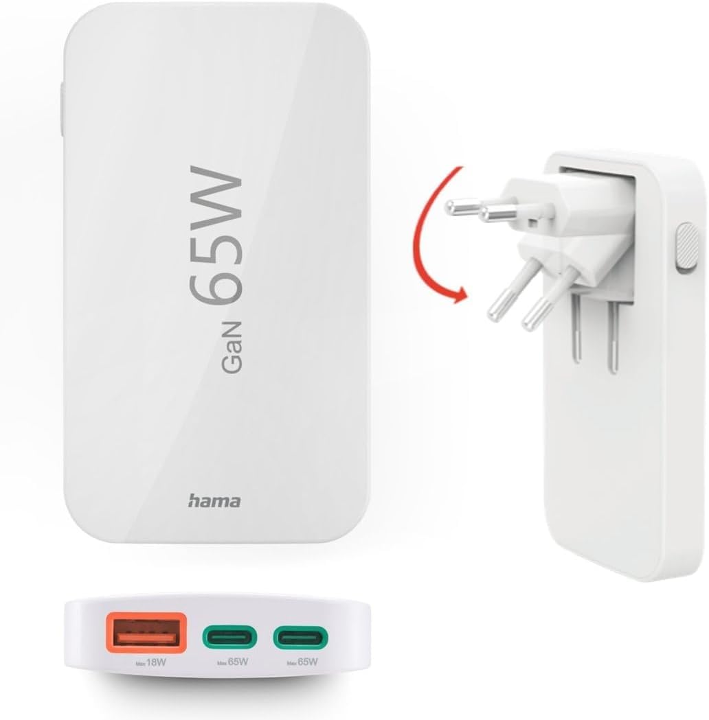 Hama Chargeur Rapide USB-C 65W GaN 3 Ports, sur Secteur, 2X USB-C 65W, 1x USB-A 18W, Mini-Chargeur PD Ultra Plat, Compact et Pliable, Qualcomm Quick Charge, pour PC, Smartphone, Tablette, Blanc