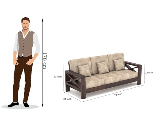 Image of NATRAJ ART & CRAFT Solid Sheesham Wood 3 Seater Hizen Sofa Set for Living Room with Cream Cushions, X-Legs Sofa Set - Light Walnut Finish