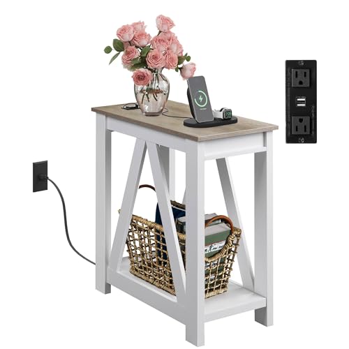 WLIVE Farmhouse End Table, Narrow Side Table with Charging Station, Slim End Table, Side Table for Bedroom, Living Room, Small Spaces, 2 USB and 2 Power Outlets, 11.8" D x 23.6" W x 23.74" H