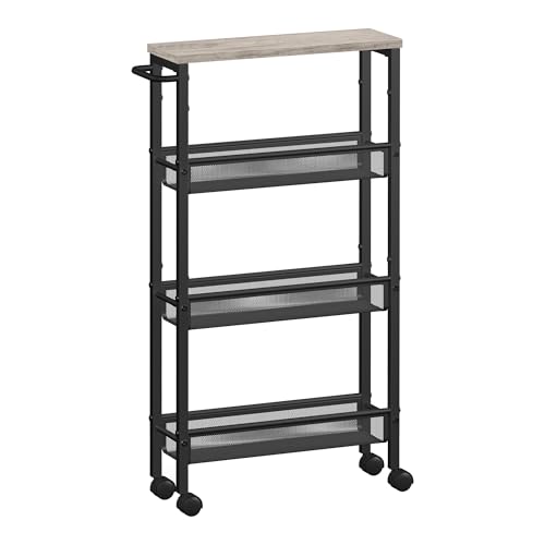 VASAGLE キッチンワゴン キャスター付き スリム 天板付き 隙間収納13CM 4段 スリムワゴンキッチンラックすき間収納 レンジ台所 洗面所 冷蔵庫 LRC032K01