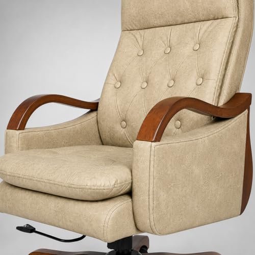 Image of Lakdi Premium Executive Revolving Office Chair | Tufted Leatherette Upholstery | Wooden Armrests & Base | Ergonomic High Back Director Chair | 5 Year Warranty | Free Assembly