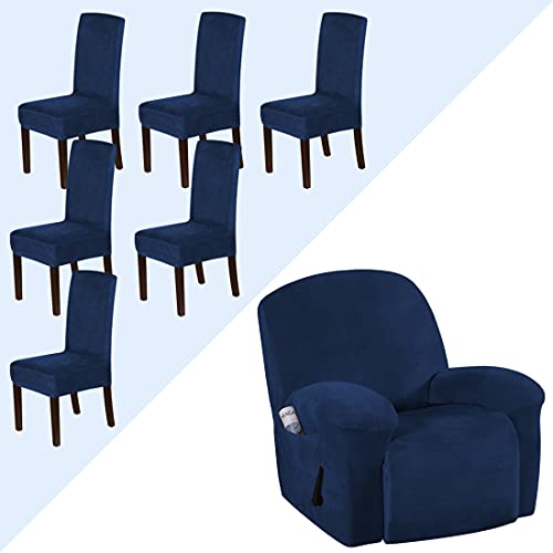 H.versailtex Recliner Chair Cover Velvet Plush 1-Piece Bundle Dining Room Chair Slipcovers Set Of 6, Navy #TOP15