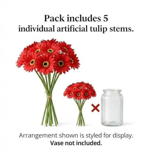Image of Artificial Gerbera Flower Sticks (Pack of 5) for Home Decor | Realistic Faux Flowers for Vases | Wedding, Office, Living Room & Party Decoration | Long-Lasting, Washable & Reusable (Red)