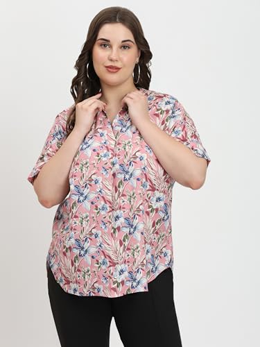 Image of SINDOORI Relaxed Fit Tops for Women Plus Size Solid Printed Mandarin Collar, Band Collar, V-Neck Top, Half Sleeve Loose Fit