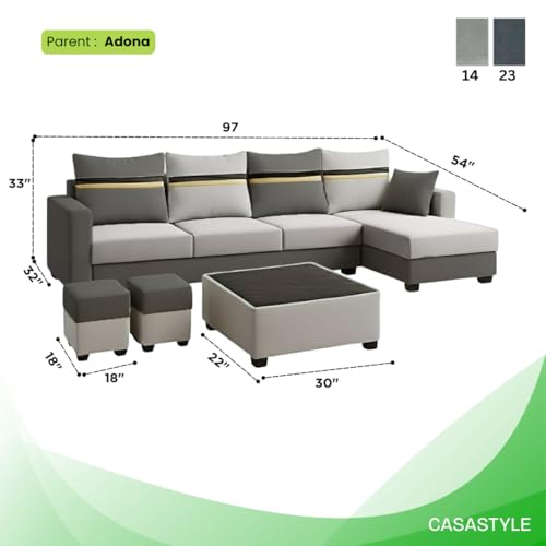 Image of CASASTYLE Wallis 8 Seater Fabric RHS L Shape Sofa Set with 1 Centre Table & 2 Puffy (Light Grey- Dark Grey) | Velvet Finish | Comfortable Sectional Sofa for Living Room