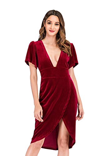 Amazon.com: R.Vivimos Womens Velvet Elegant Deep V Neck Short Sleeve High  Low Midi Dresses (Large, Wine Red) : Clothing, Shoes & Jewelry