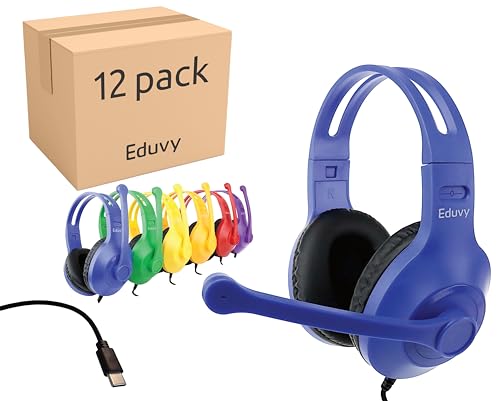 Eduvy Bulk Type C Headphones for Classroom with Microphone. Heavy-Duty School Pack Wired Headphones for Students with Rotating Boom Mic. Fits USB C Ports on laptops and Tablets. (12 Pack Mixed Color)