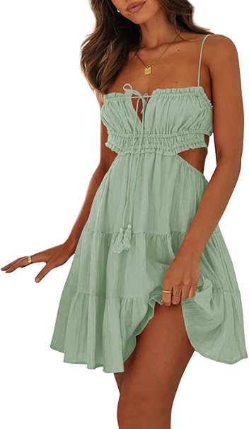 Wenrine Womens Summer Beach Mini Dress Adjustable Spaghetti Straps Sleeveless Backless Tiered Boho Sexy Dresses Light Green