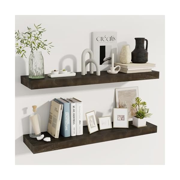 fuqing Floating Shelves for Wall – 36 Inch Dark Wood Shelves Set of 2-36 Inch Wide x 9.3 Inch Deep x 1.6 Inch Thick Wood Wall Shelves for Room Decor & Storage