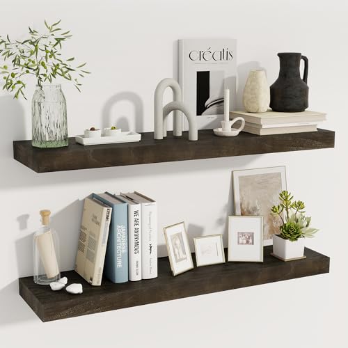 fuqing Floating Shelves for Wall – 36 Inch Dark Wood Shelves Set of 2-36 Inch Wide x 9.3 Inch Deep x 1.6 Inch Thick Wood Wall Shelves for Room Decor & Storage