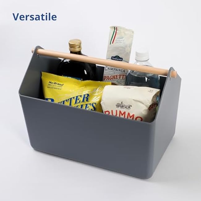 BLUE GINKGO Large Storage Basket ¨C Plastic Caddy with Wooden Handle for Bathroom, Pantry, or Cleaning Supplies (Gray)