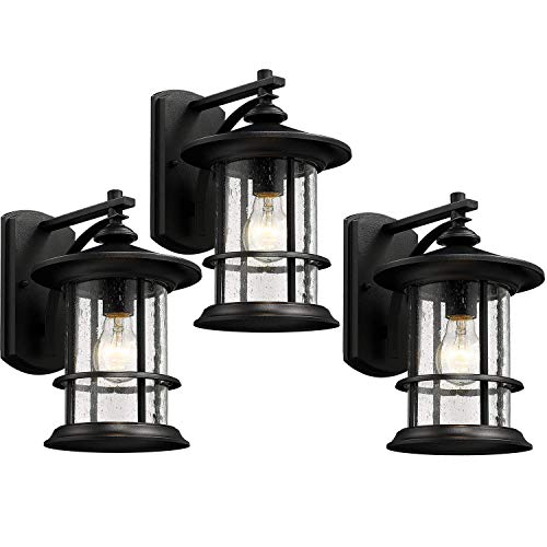 Image of MICSIU Outdoor Wall Light Fixture 3 Pack Exterior Wall Mount Lantern Waterproof Vintage Wall Sconce with Clear Seedy Glass for Front Porch, Patio, Backyard, Textured Black (Large)