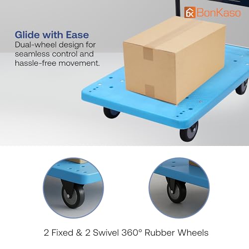 Image of BonKaso 450Kg Heavy Duty Metal Platform Trolley | Foldable Hand Truck with 4 360 Rotating TPR Wheels & Cushioned Grip | Cart for Warehouse, Office & Home (91.5 x 58.3 cm) Blue