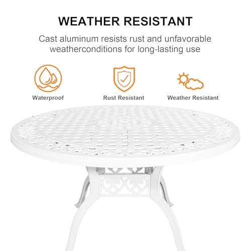 Image of 48 Inch Outdoor Dining Table Round Patio Bistro Table Powder-Coated Cast Aluminum Frame Patio Dining Table Garden Table with Umbrella Hole (White)