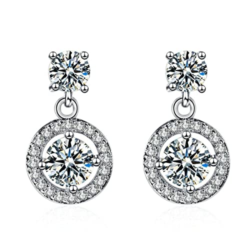 ZQHWYZ 14K Gold Dangle Earrings for Women, Hollow Circle with Round Moissanite and Diamond Dangle Earrings for Women White Gold