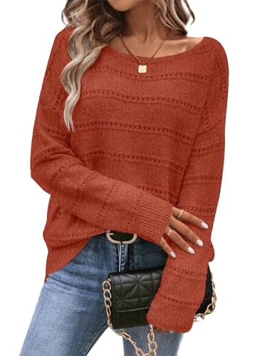 Image of Women's Sweater Soft Boat Neck Long Sleeve Oversized Sweaters Crochet Pullover Knit Tops