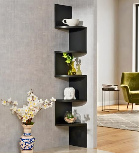 Image of 5-Tier Zigzag Corner Wall Mount Shelf, Modern Wooden Floating Corner Shelf, Space Saving Wall Storage for Living Room, Bedroom, Office, Books, Plants, Decor (Black, 5)