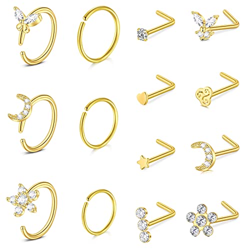 D.Bella 18G Nose Rings for Women Stainless Steel Nose Ring Gold 18 Gauge Nose Rings Hoops Studs Flower Heart Diamond L Shaped Nose Studs Nostril Nose Piercing Jewelry for Women Men