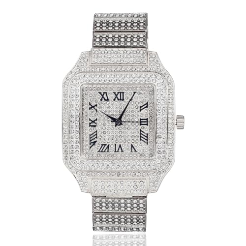 HALUKAKAH Montre pour Homme – Diamant Moissanite Iced Out – Luxe Plaqué Or Blanc Platine, Cadran Carré 40MM à Chiffres Romains, Fabrication Massive,...