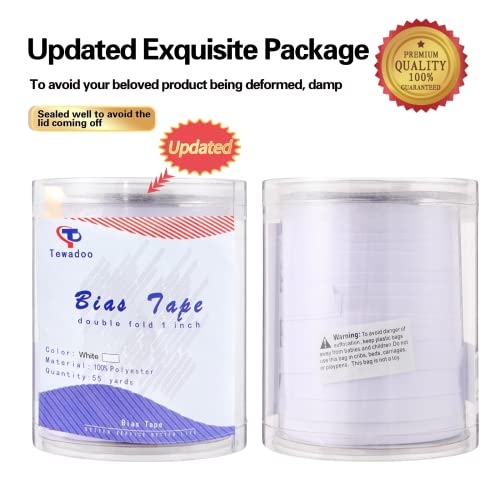 Bias Tape, Double Fold Bias Tape 1 Inch Continuous Bulk Bias Tape For Sewing, Quilting, Binding, Hemming, Apparel Craft, Polyester, Non-Stretch(White, 25Mm, 55 Yards) #TOP6