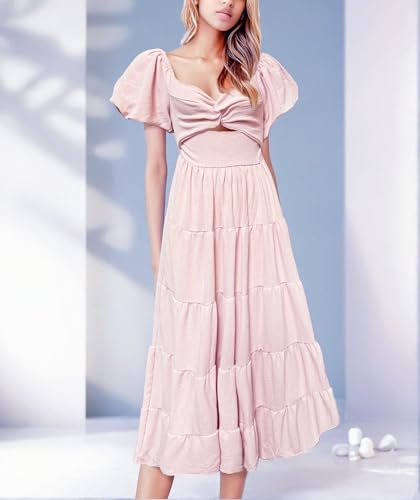 Image of GOLDSTITCH Women's 2026 Boho Floral Maxi Dress Puffy Short Sleeve Cutout V Neck Casual Long Beach Dress