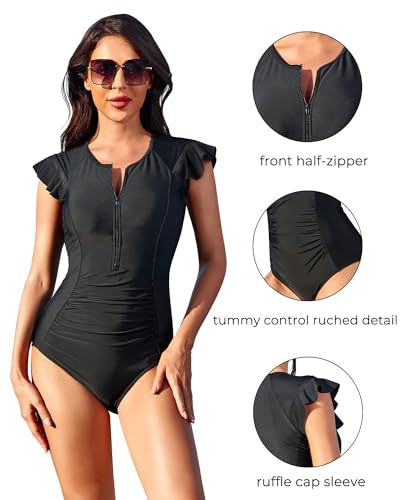 Tempt Me One Piece Swimsuits for Women Zip Front Rash Guard Short Sleeve Tummy Control Surfing Sport Bathing Suits4