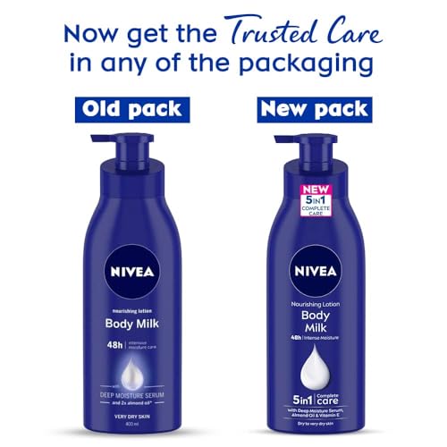 Image of NIVEA Nourishing Body Milk Richly Caring Lotion 48 Hour Deep Moisture for Very Dry Skin - Almond Oil + Deep Moisture Serum - Fast-Absorbing, Non-Greasy Rich Cream 400ml, Pack of 2