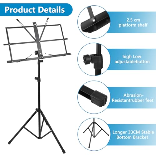 Image of Foldable Stable Music Stand & Table Stand 2 in 1 Dual Use, Height Adjustable Music Stand with Waterproof Carry Bag, Music Holder for Children and Adults, Music Stand Black