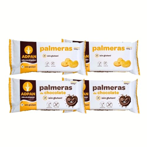 ADPAN Pack de Palmeras Sin Gluten – Palmeritas de Chocolate y Tradicionales, Hojaldre Crujiente, Sin Lactosa, Sin Alérgenos, Apto para Celíacos y Veganos – Lote 2 Paquetes por Sabor (400 g)