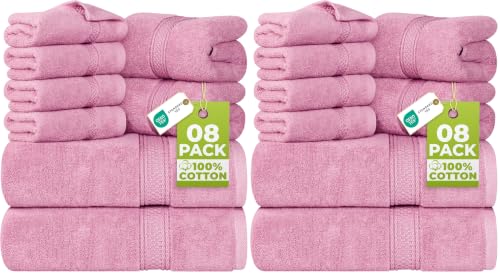 Image of Utopia Towels 8 Piece Luxury Towel Set - Majestic Plush, Super Absorbent & Quicker-to-Dry, Thick 100% Ring Spun Cotton Towels for Bathroom, Spa & Hotel - 2 Bath, 2 Hand, 4 Washcloths, Pink (Pack of 2)