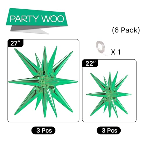 Image of PartyWoo Green Star Spike Balloons 6pcs Explosion Foil Mylar Balloons | 27 22 Inch for Birthday Baby Shower Wedding Graduation Woodland Dinosaur Jungle Theme Bridal Shower Party Decorations