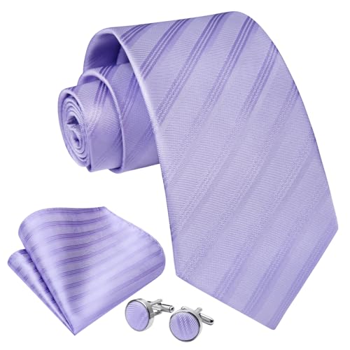 Image of Enlision Mens Ties Stripe Tie and Pocket Square Set Classic Formal Woven Neckties Handkerchief Cufflinks Wedding