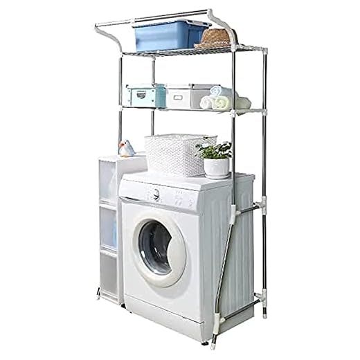 BAOYOUNI 2-lager över tvättmaskin förvaringsställ verktyg metall badrumshylla 6-krok utrymmesbesparing bredd justerbar organisation för tvättstuga toalett (62-101) B x 48 D X 173 H cm, vit