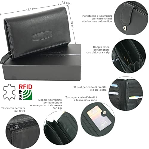 Portafoglio Donna In Pelle Con Chiusura A Pulsante - 15+ Tasche Carte, 2 Scomparti Banconote, RFID - Foto 4