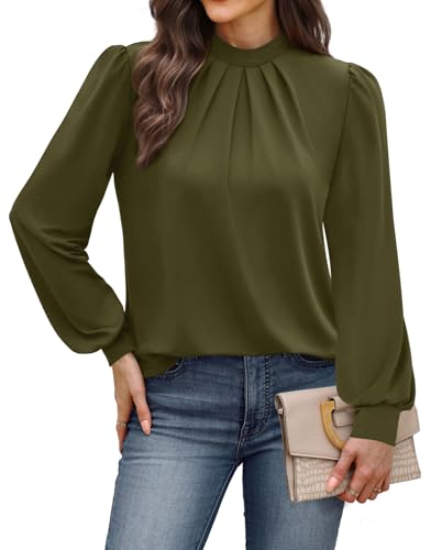 Image of WIHOLL Long Sleeve Shirts for Women Mock Neck Tops Pleated Front Blouses Dressy Casual Spring Fall Clothes 2026 Fashion