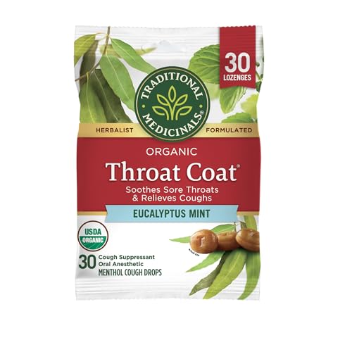 Traditional Medicinals Throat Coat Organic Cough Drops Eucalyptus Mint with Menthol Soothes Sore Throats & Relieves Coughs 30 Count